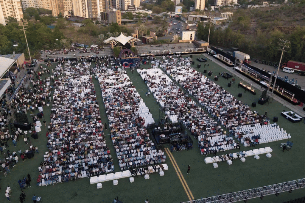 Aerial view of employees and families at a corporate annual day celebration organised by Rapture Events